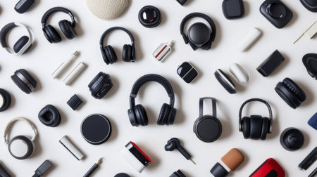 A stylish arrangement of various audio devices showcasing modern design and technology. Ideal for themes related to music, lifestyle, and gadgets.の素材