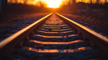 Scenic view of railway tracks at sunset, capturing warm light and reflections. Ideal for themes of travel, adventure, and nature's beauty.の素材