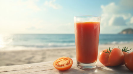 A vibrant glass of tomato juice sits by the beach, capturing the essence of summer. Bright colors and serene ocean views create a refreshing atmosphere. Perfect for relaxing moments.の素材
