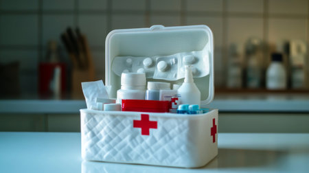 A neatly organized first aid kit filled with essential medical supplies including bandages, ointments, and antiseptic for home care and emergency situations.の素材