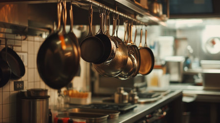 A modern kitchen featuring stainless steel cookware hanging neatly. This organized space is designed for culinary professionals and passionate home cooks alike.の素材
