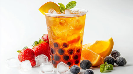 Enjoy a vibrant and refreshing drink featuring tea, fruits, and ice. Perfect for summer gatherings, this colorful beverage is sure to delight.の素材