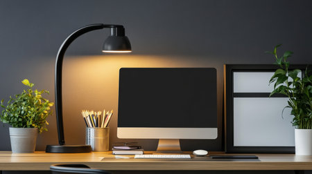 A modern desk setup featuring a sleek lamp, computer, and vibrant plants. This stylish arrangement creates an inspiring workspace for productivity.の素材