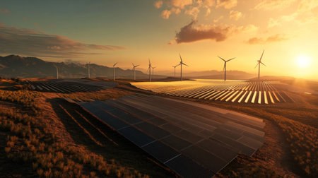 A breathtaking view of renewable energy sources featuring wind turbines and solar panels under a stunning sunset, showcasing nature and technology in harmony.の素材