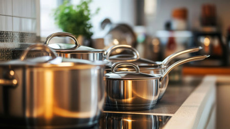 Bright and modern kitchen featuring stainless steel cookware on a sleek countertop, ideal for culinary enthusiasts seeking organization and style.の素材