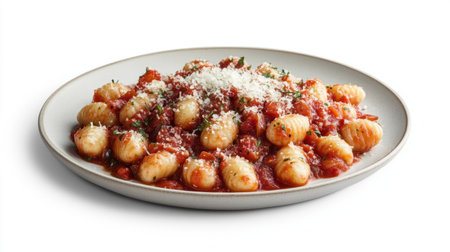 A beautiful plate of gnocchi served with rich tomato sauce and sprinkled cheese. Perfect for Italian cuisine lovers and hearty meals at home.の素材