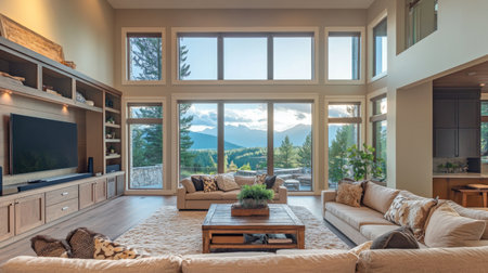 Bright and modern living room featuring large windows with stunning mountain views, designed for comfort and relaxation. Ideal for serene living spaces.の素材