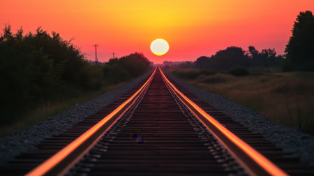 A stunning rural sunset over railroad tracks, showcasing vibrant hues of orange and pink in the sky. The tranquil scene invites serenity and reflection.の素材