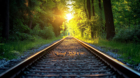 A peaceful view of railway tracks leading through a lush green forest. Sunlight filters through the trees, creating a serene atmosphere perfect for a contemplative journey.の素材