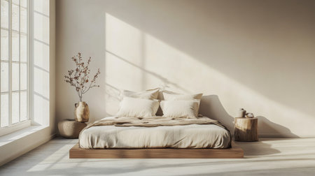 A minimalist bedroom featuring a cozy bed with soft cushions, natural light pouring through large windows, and calming decor for a serene atmosphere.の素材
