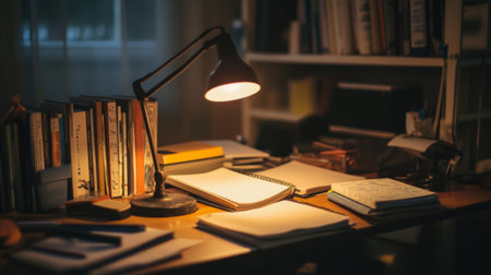 A cozy desk scene illuminated by a warm lamp, featuring open notebooks, books, and stationery, creating an ideal workspace for study and creativity.の素材