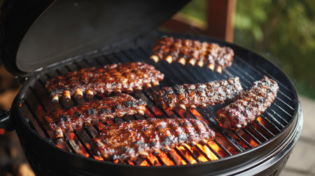 Sizzling barbecue ribs on a charcoal grill, showcasing a smoky flavor and delicious glaze. Perfect for summer gatherings and cookouts. Enjoy the outdoor cooking experience!の素材