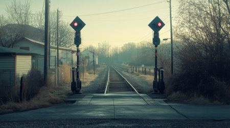A tranquil scene of a railroad crossing with red signals in a foggy morning setting, surrounded by autumn foliage and a quiet rural landscape.の素材
