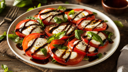 A vibrant caprese salad featuring ripe tomatoes, creamy mozzarella, and fresh basil drizzled with balsamic, perfect for a light meal or appetizer.の素材