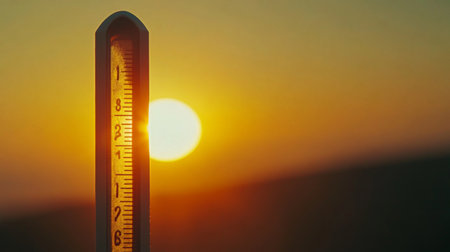 A close-up of a thermometer at sunset, capturing the vibrant colors of the sky and the warm glow of the sun reflecting on its scale, symbolizing the beauty of nature.の素材