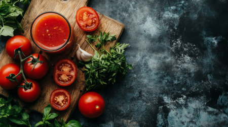 A vibrant arrangement of fresh tomatoes, herbs, and sauce on a rustic wooden board, ideal for showcasing ingredients for healthy cooking and recipes.の素材