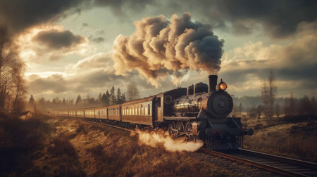 A vintage steam train chugs through a picturesque landscape, surrounded by trees and misty clouds, evoking a sense of adventure and nostalgia.の素材