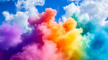 A captivating display of colorful smoke clouds against a clear blue sky, creating a vibrant and artistic atmosphere. Ideal for conveying creativity and joy.の素材