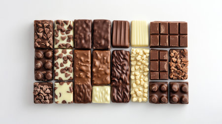 A visually appealing assortment of various chocolate pieces on a clean white background. Perfect for dessert lovers, celebrations, or food photography.の素材