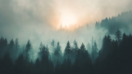 A stunning view of a forest during sunrise, with mist enveloping the trees. The soft, ethereal light creates a tranquil and serene atmosphere, perfect for nature lovers.の素材