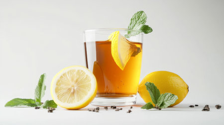 A refreshing lemon drink garnished with mint leaves, perfect for summer. The chilled beverage showcases vibrant colors and a clean presentation, inviting enjoyment.の素材