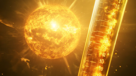 Stunning depiction of a glowing sun alongside a thermometer, showcasing the intensity of solar energy in a vibrant cosmic environment. Perfect for science-related visuals.の素材