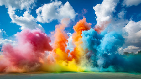 A stunning display of vibrant smoke colors creating a beautiful explosion against a bright blue sky, perfect for creative projects or backgrounds.の素材