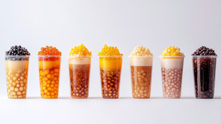 A vibrant display of eight colorful boba tea drinks in clear cups, showcasing a variety of delicious flavors and toppings. Perfect for any festive occasion!の素材