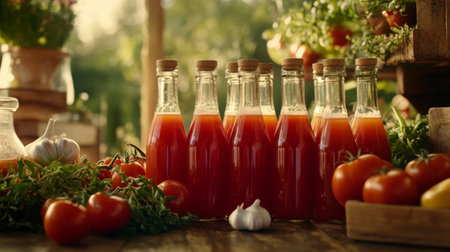 A rustic display of fresh tomato juice in bottles surrounded by fresh vegetables. Perfect for promoting healthy eating and garden produce themes.の素材