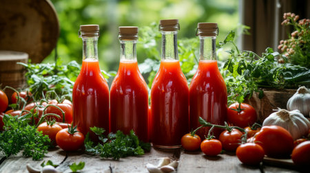 Glass bottles filled with fresh tomato juice surrounded by vibrant vegetables and herbs. Perfect for healthy recipes and natural cooking inspiration.の素材
