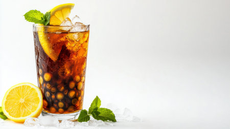 A refreshing cold beverage featuring ice, lemon slices, and mint leaves. Perfect for summer celebrations, this drink offers a vibrant and inviting look.の素材