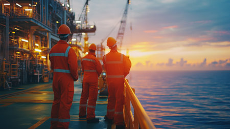 Three workers in safety gear observe a stunning sunset from an oil platform. The scene captures the essence of teamwork and industry on the ocean.の素材