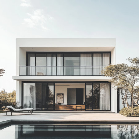 A stunning modern house showcasing minimalist design with large glass windows, a serene pool, and beautifully landscaped greenery, ideal for relaxation and tranquility.の素材
