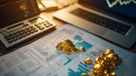 A close-up view of gold nuggets on financial reports with a calculator and charts in the background, illustrating investment analysis and financial planning.の素材