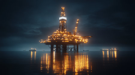 A brightly lit oil rig stands majestically over calm waters at night, highlighting its significance in energy production and marine exploration.の素材