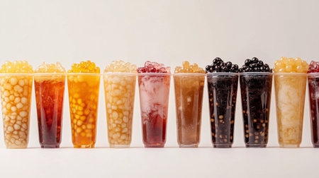 A vibrant display of colorful bubble drinks in transparent cups, highlighting a variety of textures and flavors. Perfect for summer parties and celebrations.の素材
