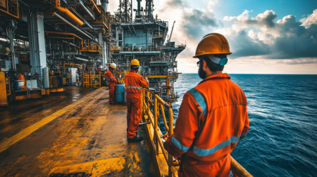 Workers in safety gear stand on an offshore oil platform, overlooking the tranquil sea during a stunning sunset, highlighting the oil industry's challenges.の素材