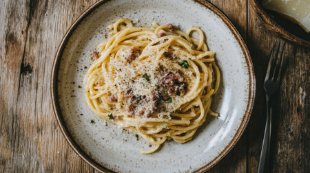 A classic pasta dish featuring creamy sauce, cheese, and herbs, beautifully presented on a rustic wooden table, perfect for a cozy dinner setting.の素材