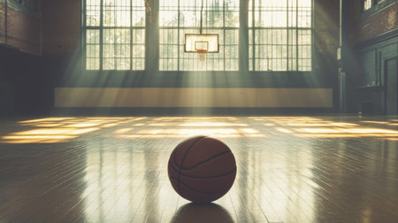 A solitary basketball rests on a polished wooden floor in an empty gym, illuminated by soft rays of sunlight streaming through large windows, creating a tranquil and inspiring atmosphere.の素材
