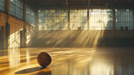 A tranquil basketball court illuminated by soft sunlight, enhancing the warm wood floor and casting beautiful shadows, perfect for sports-themed visuals.の素材