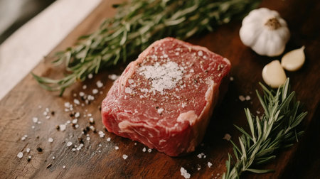 A fresh piece of raw beef surrounded by herbs and garlic, set on a wooden board. Perfect for culinary presentations, cookouts, and home cooking.の素材