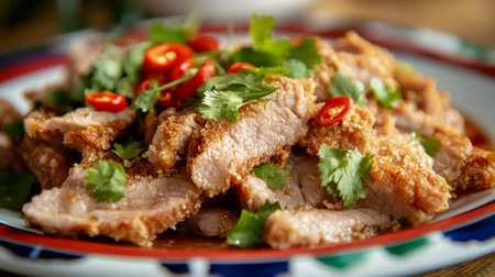 A mouthwatering plate of crispy pork garnished with fresh chili and cilantro, showcasing vibrant colors and an appetizing presentation perfect for food lovers.の素材
