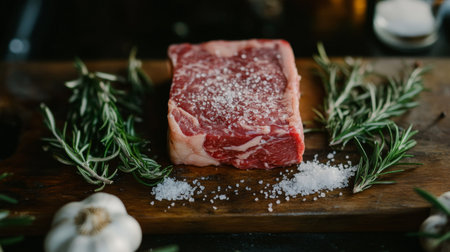 A fresh raw steak surrounded by herbs and garlic on a wooden board. Ideal for culinary visuals, cooking preparation, and gourmet meal concepts.の素材