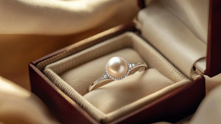 A stunning pearl ring nestled in a luxurious jewelry box, showcasing elegant design and sophistication. Perfect for special occasions or as a thoughtful gift.の素材