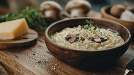 A delicious creamy mushroom risotto served in a rustic wooden bowl, garnished with herbs and cheese, perfect for a cozy dining experience.の素材
