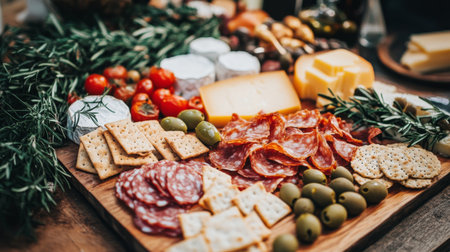 A vibrant charcuterie board featuring a selection of meats, cheeses, olives, and herbs, perfect for gatherings, parties, or casual dining experiences.の素材