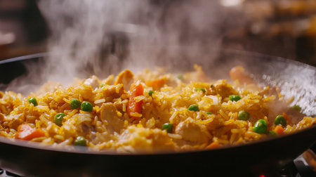 A mouthwatering close-up of savory chicken fried rice, featuring vibrant vegetables and steam rising from the skillet. Perfect for culinary inspiration.の素材
