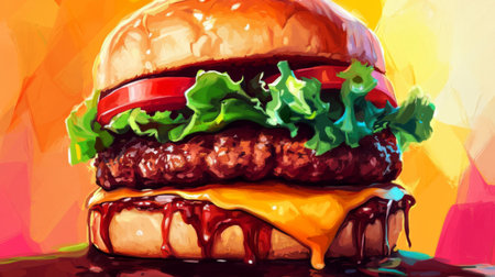 A vibrant and appetizing burger featuring a juicy beef patty, melted cheese, fresh lettuce, and ripe tomato, set against a colorful backdrop. Ideal for food-related projects.の素材