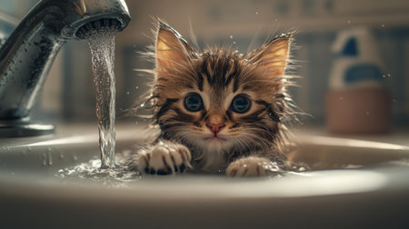 A cute kitten enjoys a playful moment in a sink with flowing water. The image captures the essence of curiosity and fun in a home setting.の素材