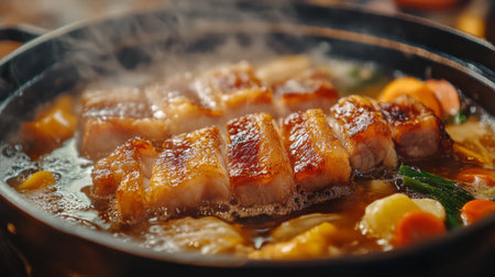 A mouthwatering hot pot featuring sizzling pork slices and vibrant vegetables, emanating steam. Perfect for delicious meals and gatherings.の素材